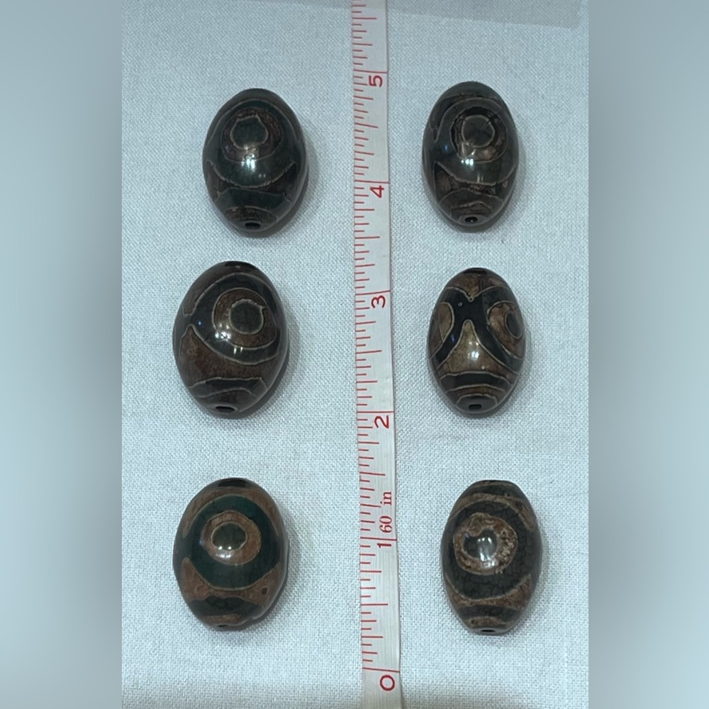 DZI Tibetan Agate Barrel Beads 6pc Set. Greens and Browns.  About 6”
